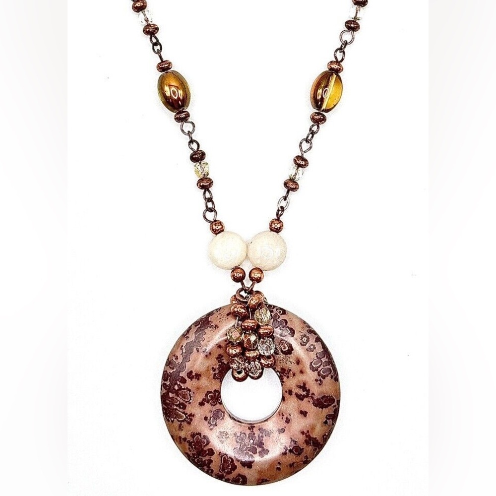 Lia Sophia “Presto” Genuine Jasper, Jade & Quartz Pendant & BONUS Hoop Earrings